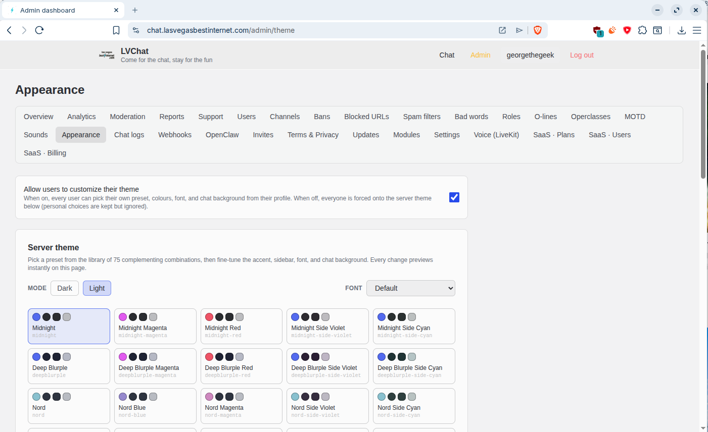 LVChat Admin Appearance settings showing server theme picker with 75+ presets