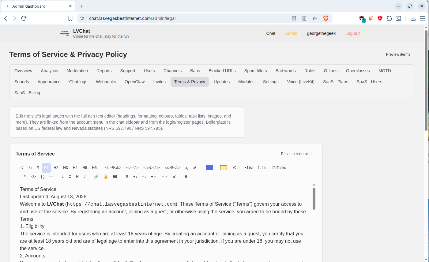LVChat Admin Terms of Service editor with rich-text toolbar