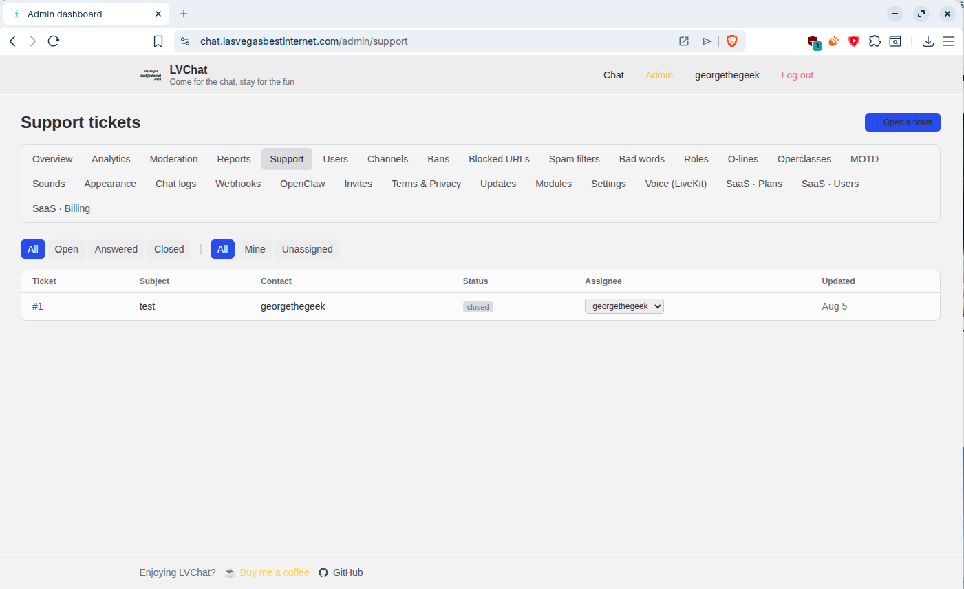 LVChat Admin support tickets page with filter tabs