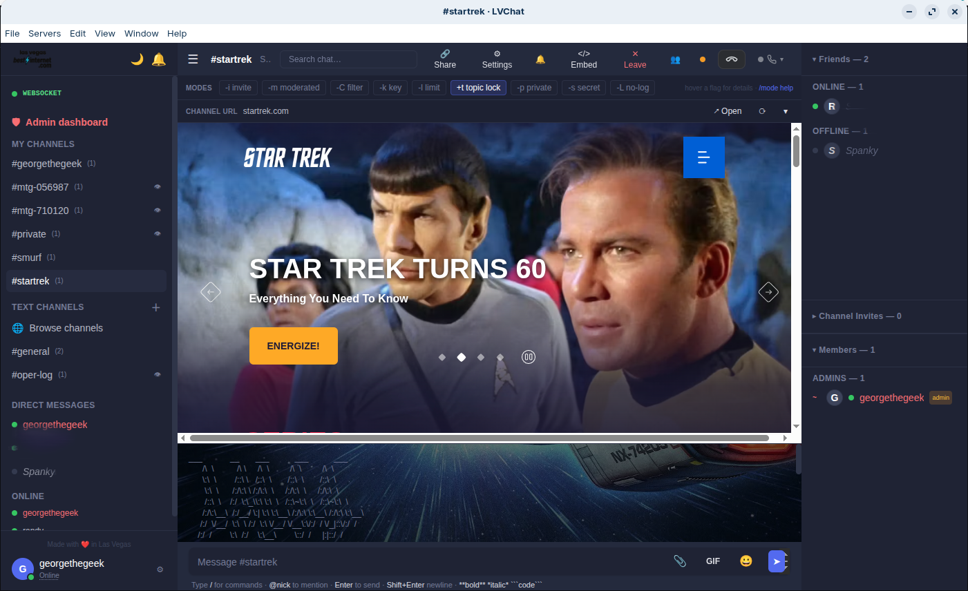 LVChat #startrek channel with an embedded Star Trek website in a pane above the chat messages