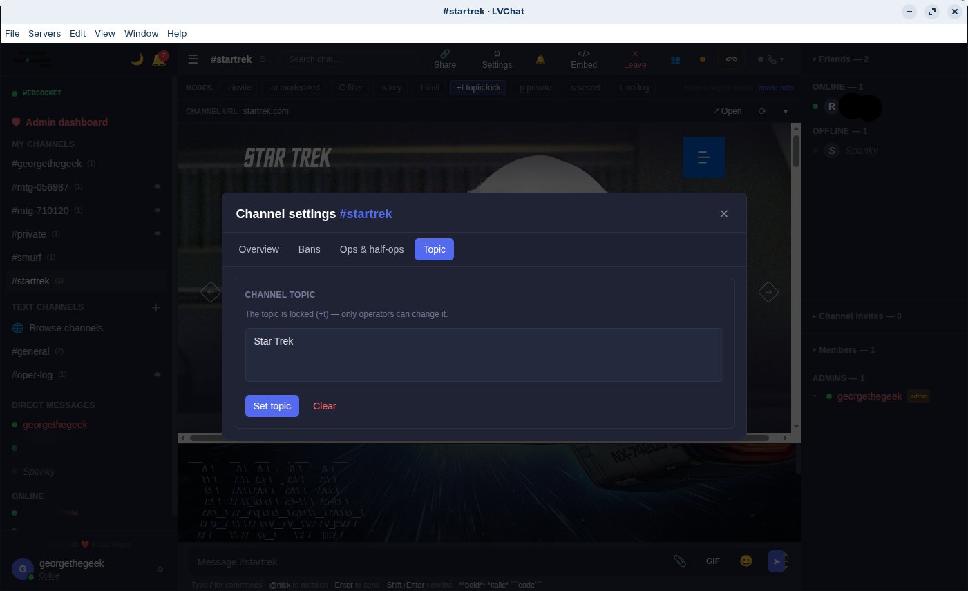 LVChat Channel settings modal showing Topic tab with topic editor