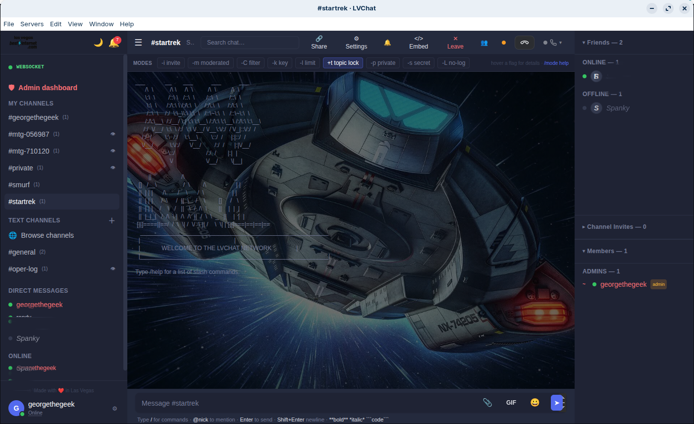 LVChat web app with #startrek channel, sidebar, mode bar, and friends panel
